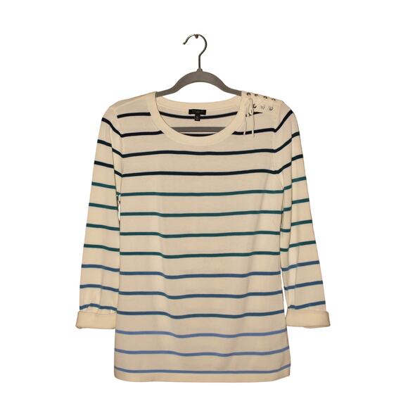 TALBOTS $78 White Striped Knit Tunic Sweater Lace-Up Detail PM - Picture 1 of 4
